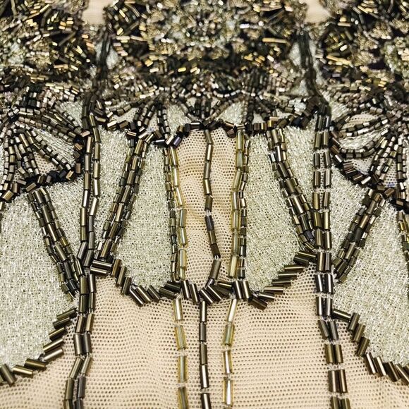 Kora Rae Mesh Beaded Dress Size M Beige Mini Bodycon Long Sleeve Embellished - Picture 16 of 16